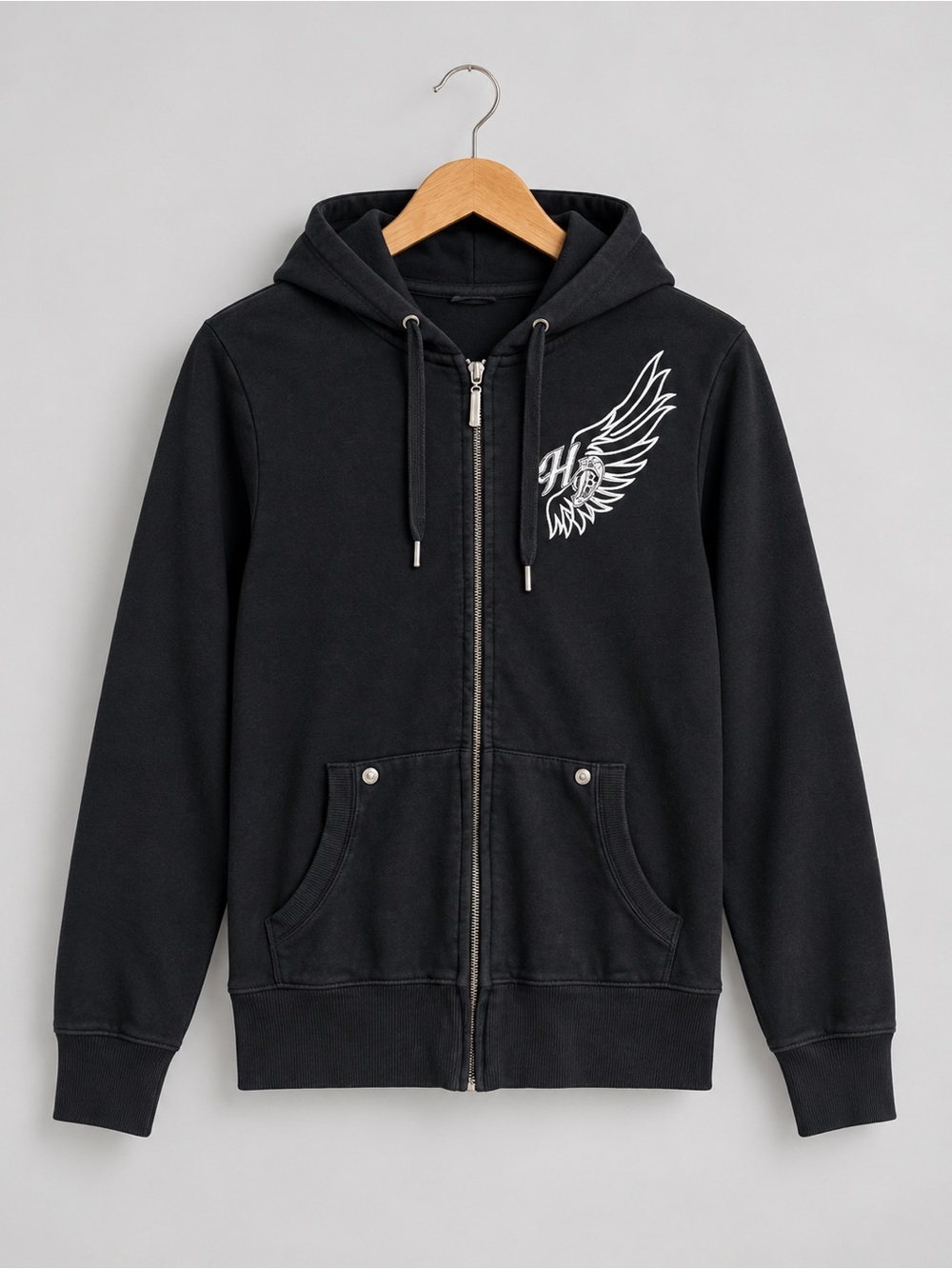 Y2K Harley-Davidson Black Hoodie with White Wing Back Graphic